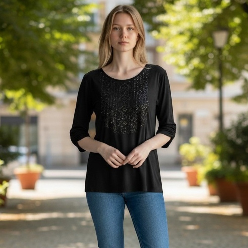 Susan Graver Style Black Beaded Bib Scoop Neck 3/4 Sleeve Top 2X